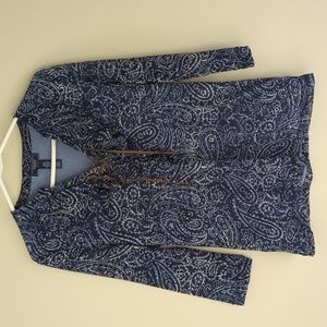 Chaps Paisley Ruffle Lace Up Lined Blouse L Blue